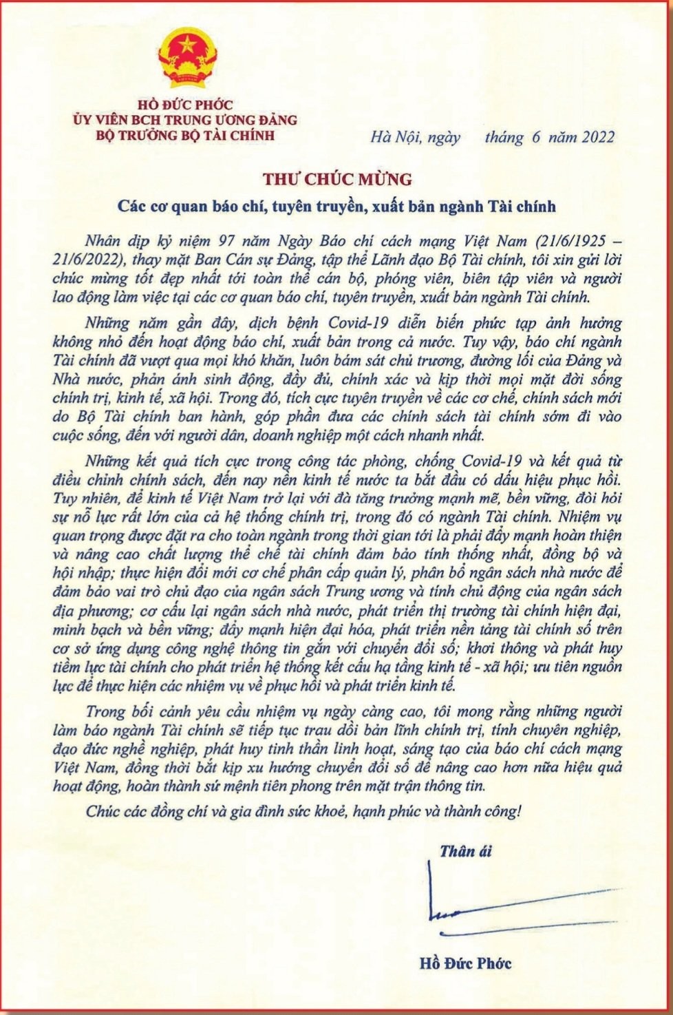 Bộ trưởng Bộ Tài chính Hồ Đức Phớc gửi thư chúc mừng 97 năm Ngày Nhà báo cách mạng Việt Nam Bộ trưởng Bộ Tài chính Hồ Đức Phớc gửi thư chúc mừng 97 năm Ngày Báo chí cách mạng Việt Nam