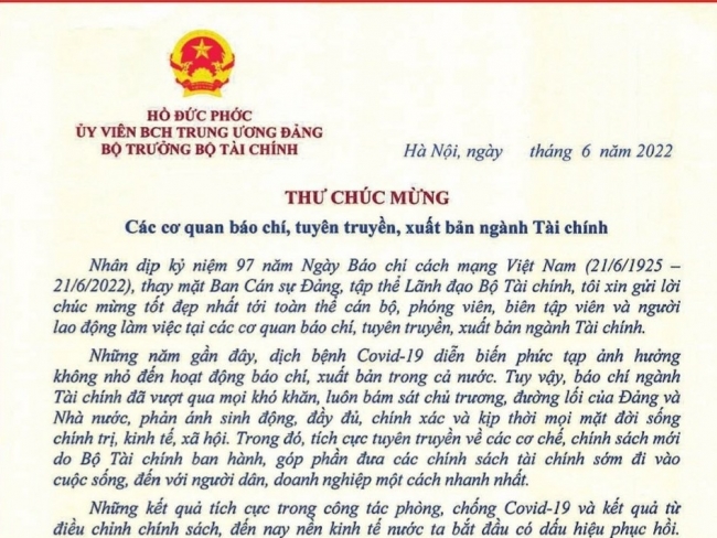 bo truong bo tai chinh ho duc phoc gui thu chuc mung 97 nam ngay bao chi cach mang viet nam