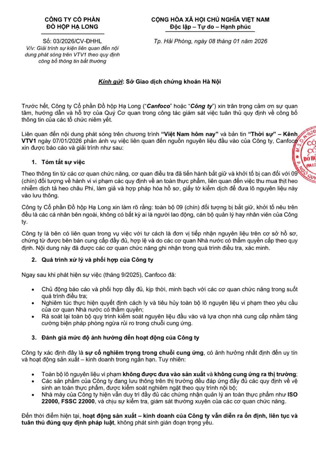 Cổ phiếu Đồ hộp Hạ Long sụt giảm mạnh sau thông tin liên quan đến thu mua thịt lợn bệnh