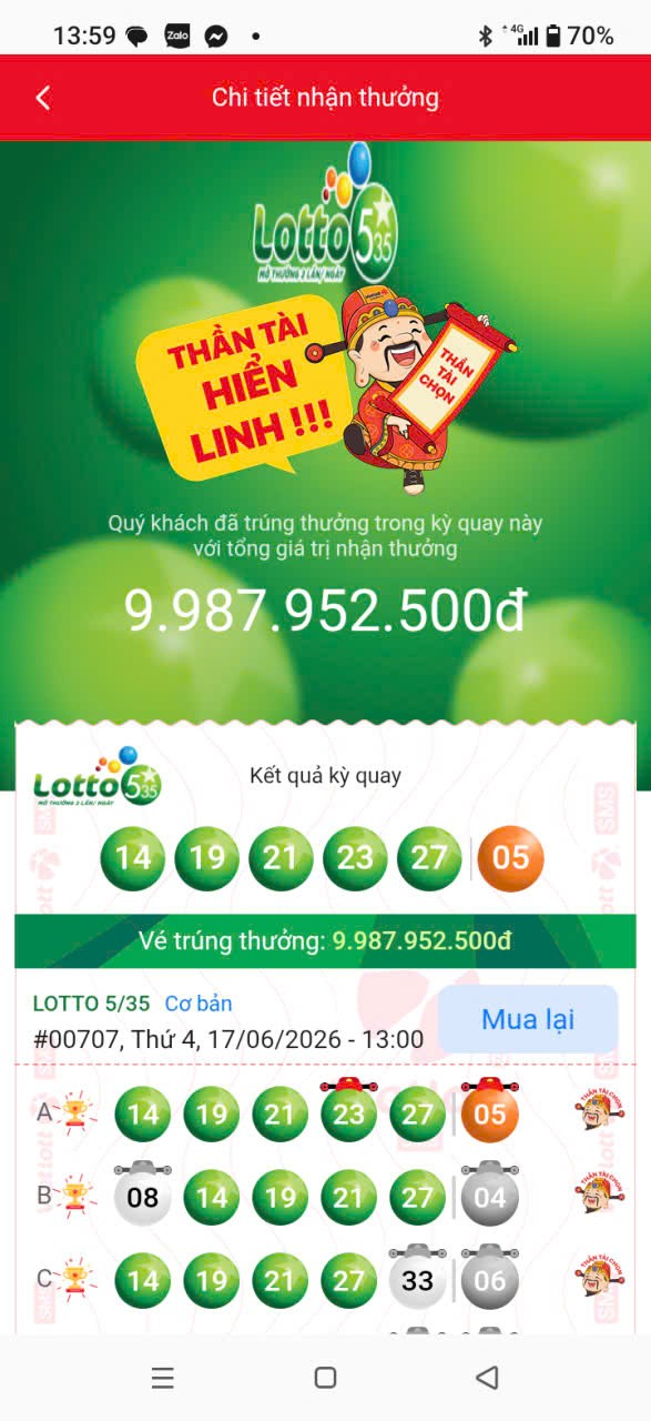 Người đàn ông tại Quảng Trị trúng độc đắc xổ số quay nhanh Lotto 5/35 gần 9,99 tỷ đồng nhờ chọn số theo giấc mơ