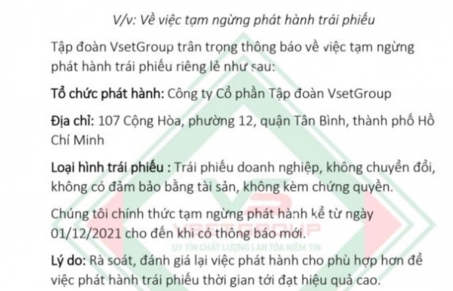 vsetgroup thong bao tam ngung phat hanh trai phieu sau khi bi phat
