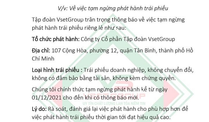 VSETGroup thông báo tạm ngừng phát hành trái phiếu sau khi bị phạt