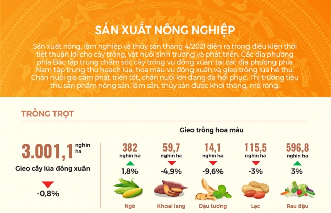 Infographic: Tình hình sản xuất nông nghiệp, công nghiệp tháng 4 và 4 tháng đầu năm